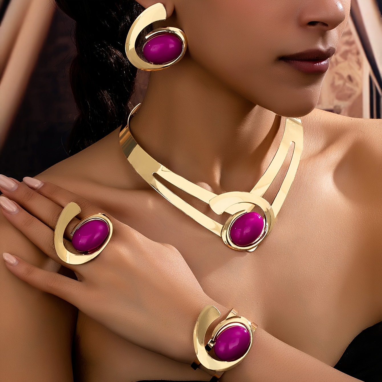 Gemstone Collar Necklace Stud Earrings Set
